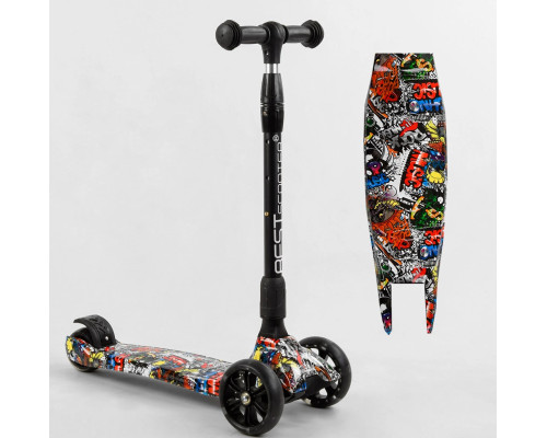 Дитячий самокат Best Scooter 98-277 MAXI. Складане алюмінієве кермо, 3 PU колеса з підсвічуванням. Чорний