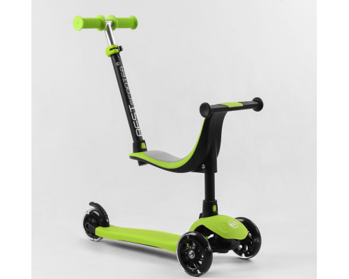Дитячий самокат Best Scooter PL-315. Сидіння, батьківська ручка, 3 PU колеса з підсвічуванням. Зелений