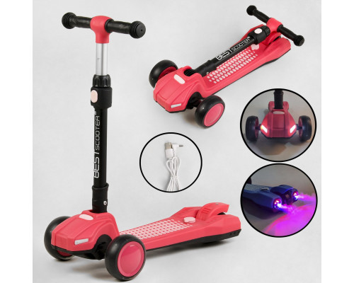 Дитячий самокат Best Scooter LT-11746. Парогенератор, звук машини, світло, музика, 3 PU колеса. Рожевий