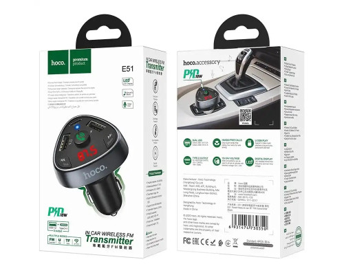 FM модулятор HOCO E51 PD 18W+QC 3.0 Black