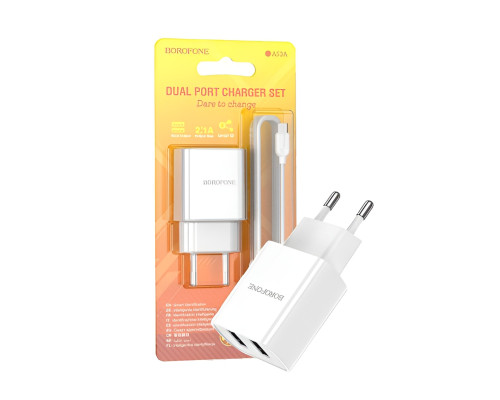 Мережевий зарядний пристрій блок Borofone BA53A (2USB/2.1A) з кабелем Type-C 