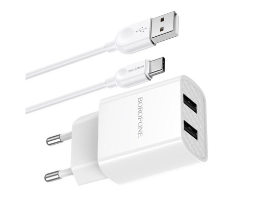 Мережевий зарядний пристрій блок Borofone BA53A (2USB/2.1A) з кабелем Type-C 