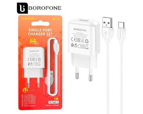 Мережевий зарядний пристрій Borofone BA64A (1USB/2.1A) + кабель Type-c