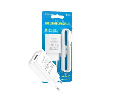 Мережевий зарядний пристрій Borofone BA68A 1USB/2.1A + кабель Lightning
