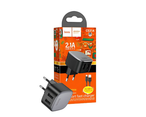 Зарядний мережевий пристрій Hoco CS31A 2хUSB + Кабель Type-c