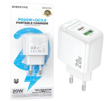 Зарядний пристрій BOROFONE BAS44A , USB-C x USB-A, PD20W, підтримка Power Delivery та Quick Charge 3.0, білий