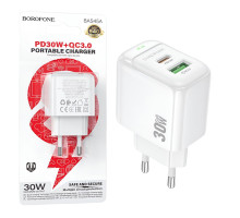 Зарядний пристрій BOROFONE BAS45A, USB-C x USB-A, PD30W, технологія GaN, білий