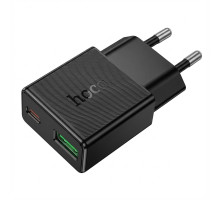 Мережевий зарядний пристрій Hoco N73 Ultra-Thin 20W з портами USB-C та USB-A, чорний