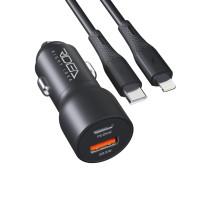 Автомобільний зарядний пристрій Ridea RCC-47115 QPow Pro, 1×USB-A + 1×USB-C, PD/QC/PPS, 47.5 Вт, кабель Lightning, 12-24 В