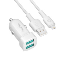 Автомобільний зарядний пристрій Ridea RCC-21312 Grand Lightning, 2×USB-A, 2.4 А, 12 Вт, кабель Lightning, 12-24 В, White