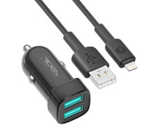 Автомобільний зарядний пристрій Ridea RCC-21312 Grand Lightning, 2×USB-A, 2.4 А, 12 Вт, кабель Lightning, 12-24 В, Black