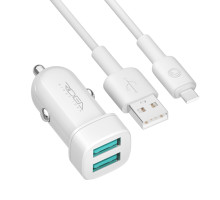 Автомобільний зарядний пристрій Ridea RCC-21212 Grand Type-C, 2×USB-A, 2.4 А, 12 Вт, кабель Type-C, 12-24 В, White