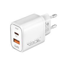 Мережевий зарядний пристрій Ridea RW-GaN30BPAC Boost Pro, GaN, 30 Вт, PD/QC/PPS, 1×USB-C + 1×USB-A, EU вилка, 110-240 В, White