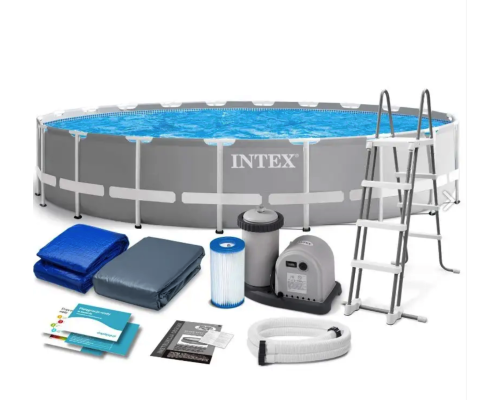 Круглий каркасний басейн Intex 26756 NP. Сходи, тент, підстилка. Розміром 610x132см, об'єм 32695л