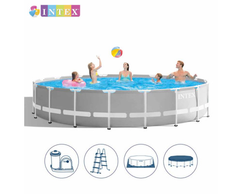 Круглий каркасний басейн Intex 26756 NP. Сходи, тент, підстилка. Розміром 610x132см, об'єм 32695л