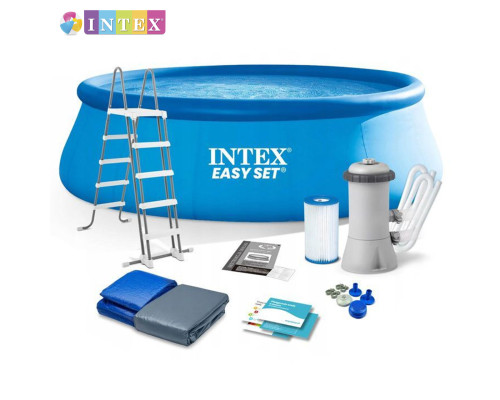 Круглий надувний басейн Intex 26166 NP. Насос, сходи та тент у комплекті. Розміром 457x107см, об'єм 12430л