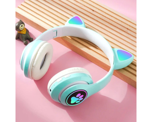 Бездротові Bluetooth навушники котячі вушка CAT STN-28. Навушники з мікрофоном та LED RGB підсвічуванням. Бірюзові
