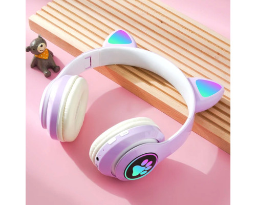 Бездротові Bluetooth навушники котячі вушка CAT STN-28. Навушники з мікрофоном та LED RGB підсвічуванням. Фіолетові