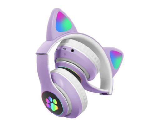 Бездротові Bluetooth навушники котячі вушка CAT STN-28. Навушники з мікрофоном та LED RGB підсвічуванням. Фіолетові