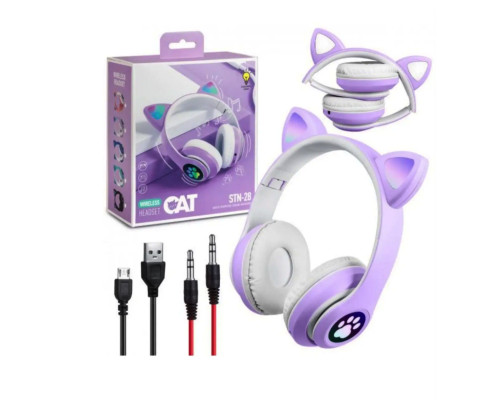 Бездротові Bluetooth навушники котячі вушка CAT STN-28. Навушники з мікрофоном та LED RGB підсвічуванням. Фіолетові
