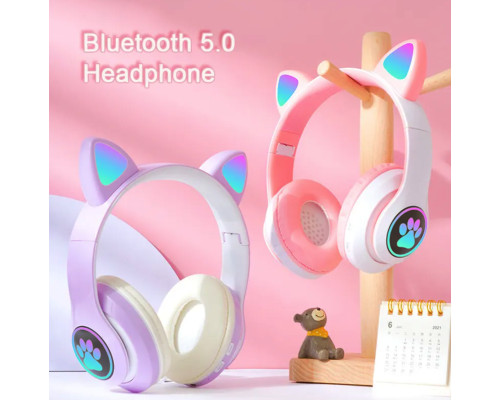 Бездротові Bluetooth навушники котячі вушка CAT STN-28. Навушники з мікрофоном та LED RGB підсвічуванням. Фіолетові