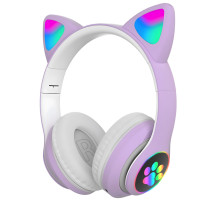 Бездротові Bluetooth навушники котячі вушка CAT STN-28. Навушники з мікрофоном та LED RGB підсвічуванням. Фіолетові