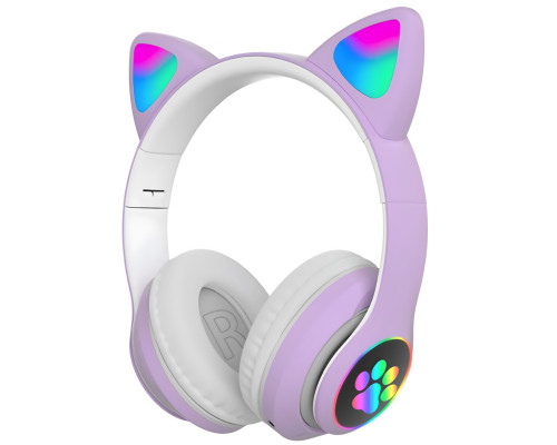 Бездротові Bluetooth навушники котячі вушка CAT STN-28. Навушники з мікрофоном та LED RGB підсвічуванням. Фіолетові