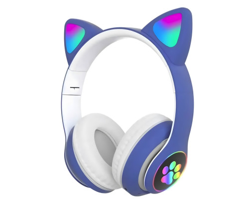 Бездротові Bluetooth навушники котячі вушка CAT STN-28. Навушники з мікрофоном та LED RGB підсвічуванням. Сині