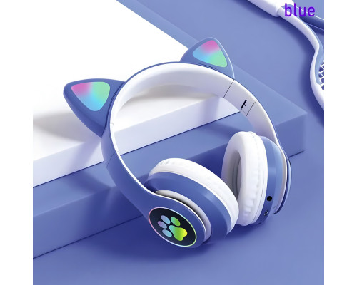 Бездротові Bluetooth навушники котячі вушка CAT STN-28. Навушники з мікрофоном та LED RGB підсвічуванням. Сині