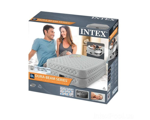 Двоспальний надувний велюровий матрац Intex 64490 з вбудований електронасосом, 152х203х51см