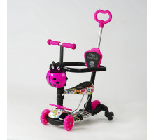Дитячий самокат 5в1 Best Scooter LS-96302. З дод. колесами, захисним бампером, PU колеса з підсвічуванням. Рожевий